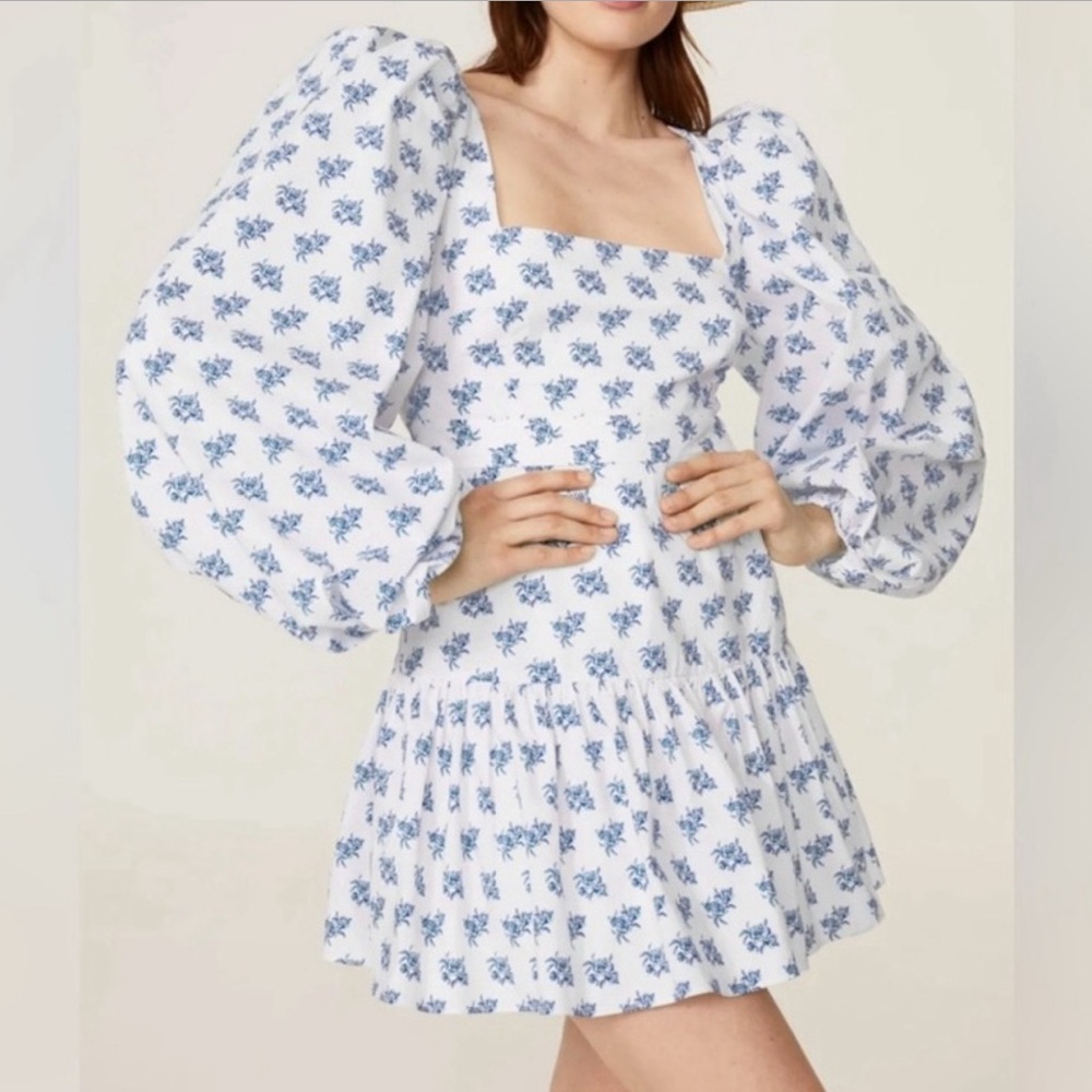NEW Caroline Constas Julian Mini Dress Blue Toile Spot White Puff Sleeve